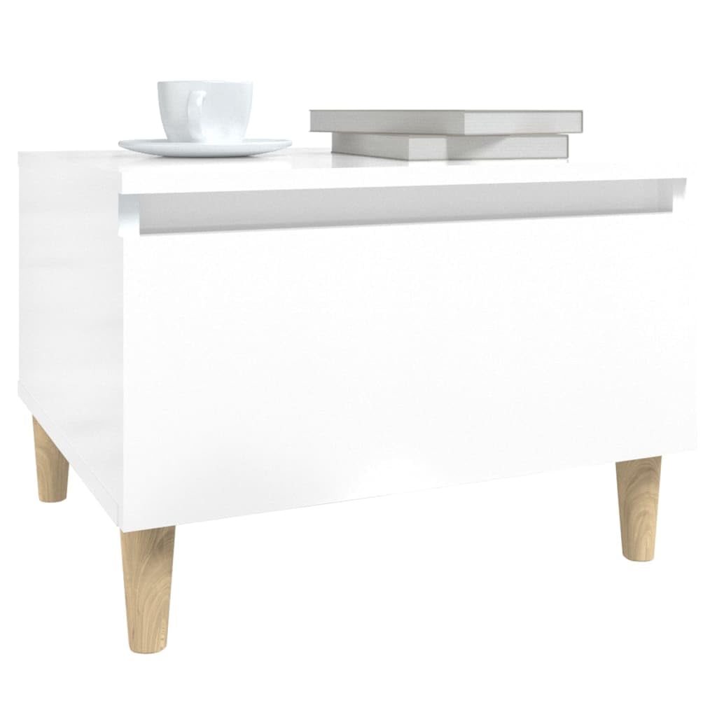 Table d appoint Blanc brillant 50x46x35 cm Bois ingénierie petite table salon moderne scandinave avec tiroir rangement pieds en bois massif meuble d appoint lampe pour salon chambre salle de séjour