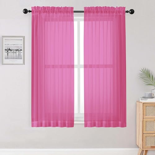 Image of OWENIE Sheer Hot Pink Curtains for Bedroom Living Room 63 Inch Length 2 Panels Set, Modern Soft Solid Light Filtering Sheer Curtains for Dining Room, Rod Pocket Window Treatments, Hot Pink, 42 inchWx63 inchL