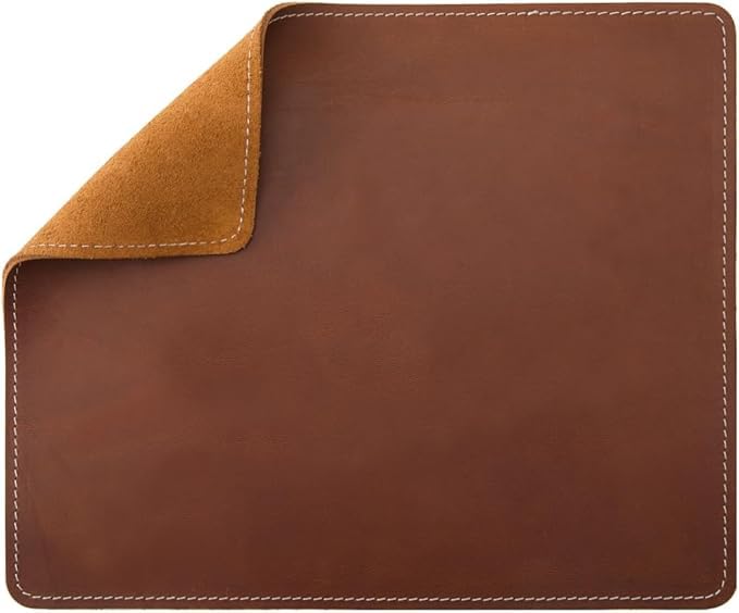 Tapis de souris en cuir véritable marron avec bord cousu antidérapant 20x24