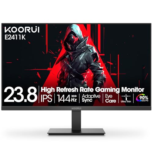 KOORUI 24 Inch Gaming Monitor 144Hz Full HD 1920 x 1080p IPS Ultra-Slim Display with HDMI VGA, Adaptive Sync, 99% SRGB, VESA 100x100mm, Eye Care, Tilt, HDMI 2.0, Black, E2411K