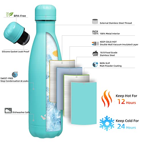 Image of Konokyo Insulated Water Bottles,17 oz Double Wall Stainless Steel Vacumm Metal Flask for Sports Travel,Turquoise