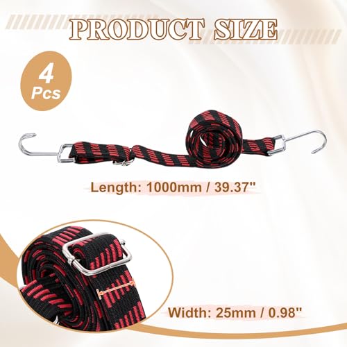 Image of uxcell 4Pcs Adjustable Bungee Cords with Hooks, 39 Inch Flat Heavy Duty Elasticity Straps Rubber Bungee Cords with Buckle for Outdoor, Camping, Tarp, Bike Rack, Luggage, Black Red