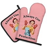 DYJYBMY Always Use Protection Funny Oven Mitts and Pot Holder Set, Retro Housewife Kitchen Gadgets for Women, Baking Gifts for Bake Lover Chef Friend, Hostess Gifts for Mom Wife Aunt Sister BFF