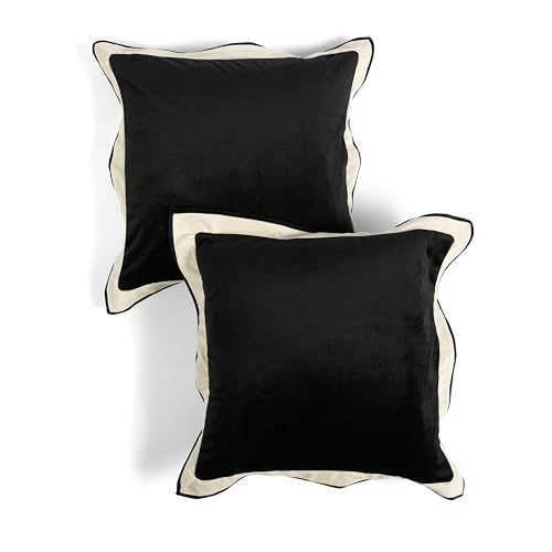 OHS Set of 2 Cushion Covers 45 x 45cm, Ultra Soft Matte Velvet Oxford Edge Decorative Square Throw Pillow Covers with Invisible Zipper for Sofa Living Room Bedroom, Black/White