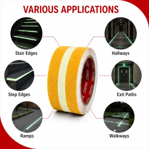Image of Mario Yellow Anti-Skid Glow-in-the-Dark Tape Width 50mm x Length 5mtr (16.5 feet) | High Grip Waterproof Anti-Slip Safety Tape | Self Adhesive Non-Slip Tape for Stairs & Dark Areas | Pack of 1
