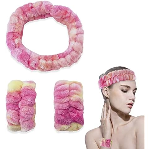 Wsimily 3 Pcs Spa Headbands for Girls Washing Face Headband Wristband Set, Women Makeup Face Wash Soft Headband Wrist Washband Scrunchies Cuffs, Prevent Liquid from Arms Spilling(Tie Dye Rose Red) Cover