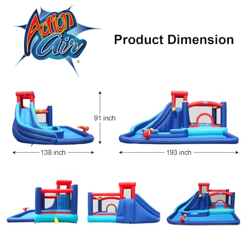 Image of Action Air Inflatable Water Slide for Kids, Backyard Water Park with Big Bouncy Area, Splash Pool, Long Slide, Water Cannon & Sprinkler, 193x138x91 Inch Outdoor Bouncy Castle for Summer Party Fun