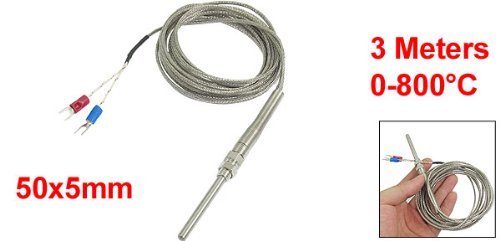 K Type 50x5mm 800C Probe Thermocouple Temperature Sensor Cable 9.8ft 3 Meters