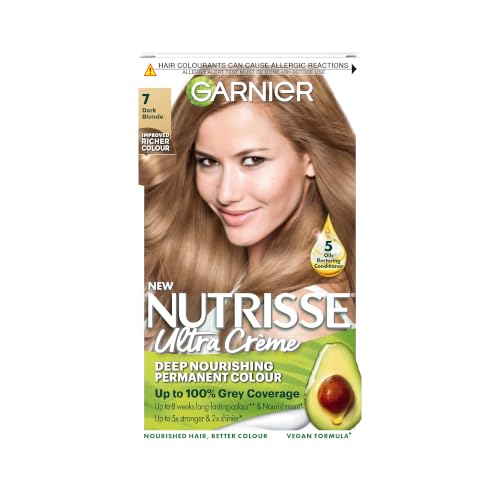 Garnier Nutrisse Ultra Crème Vegan Hair Dye 7 Dark Blonde. Provides 100% grey coverage and beautiful natural-looking 8-week colour. Gentle no-ammonia and vegan for healthy radiant hair.