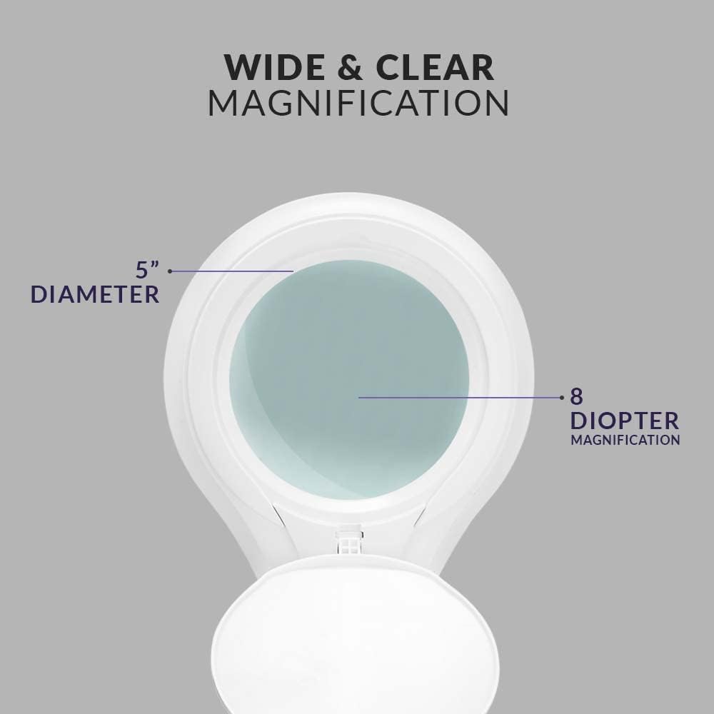 Neatfi LED Magnifying Lamp 1,200 Lumens with Clamp – 5” 8-Diopter Glass Lens, Dimmable Task Light | Adjustable Arm | Reading, Sewing & Crafting (White, 8 Diopter)