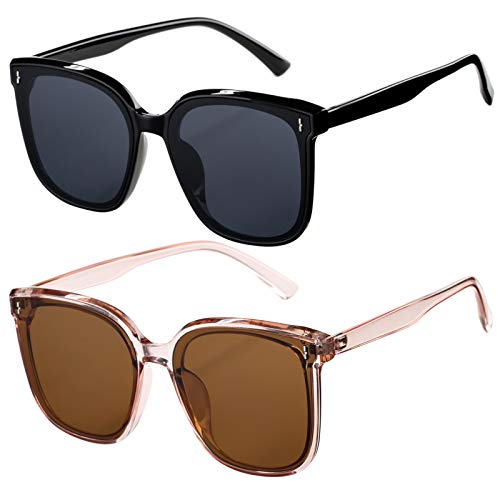 Scvgver Trendy Oversized Sunglasses For Women Men, Vintage Square Frame Shades Glasses With Uv400 Protection Flat Lens (Transparent Tea/Gray + Black/Gray)… #TOP1