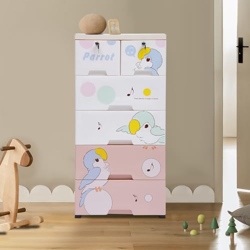 FOGGBET Plastic Drawers Dresser 6 Drawers Plastic Closet Drawers with Lock Tall Dresser Organizer for Clothes Small Closet Organizer Shelf Lockable Storage Cabinet Drawers Organizer (Parrot)