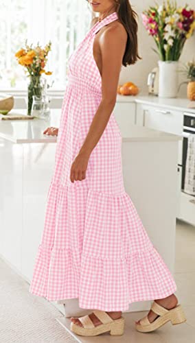 Zesica Women's 2023 Summer Crossover Halter Neck Sleeveless Plaid Cut Out Backless Flowy A Line Maxi Dress,Pink,Large #TOP2