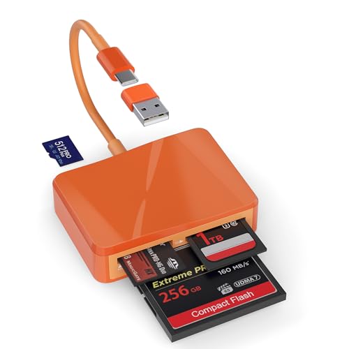 Image of SD Card Reader, 4 in 1 USB C to SD /TF /CF /MS Card Reader with USB to USB C Adapter Memroy Card Reader for iPhone 17 /16 /15 Pro Max iPad Pro MacBook Pro /Air iMac M4 /M3 Android Phone /Tablet PC (Orange)