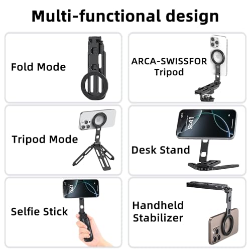 GEYUTHS Magnetic Phone Tripod Stand Portable Cell Phone Holder Strong Magnet Mini Pocket Smartphone Mount Foldable Selfie Stick Tripod with 1/4" Screw Hole for iPhone 17 16 15 14 13 — view 3