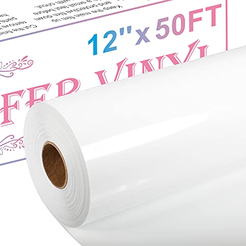 XSEINO White Heat Transfer Vinyl Roll, 12" x 50FT White HTV Vinyl Roll with Teflon for Shirts, White Iron on Vinyl Roll for Cricut & Cameo, Easy to Cut & Weed for Heat Transfer Vinyl Design (White)