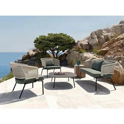 Image of LOCCUS Outdoor 4 Seater Rope Sofa Conversation Set with Comfortable All Weather Water-Resistant Cushions and Glass Top Round Center Table for Garden,Patio,Poolside (Platinum /Dark Green)