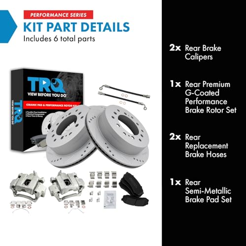 Image of TRQ Performance Rear Brake Pad and Rotor Set Semi Metallic Slotted Drilled Calipers Compatible with 2003-2009 Lexus GX470
