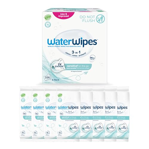 Image of WaterWipes Sensitive+ On The Go Wipes, 3-In-1 Cleans, Cares, Protects, 99.9% Water, Unscented & Hypoallergenic Wet Wipes, 224 Count (8 Packs)