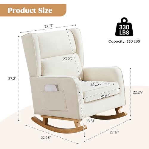 Image of HCHAIRH Nursery Rocking Chairs, Rocking Chair Nursery for Mom Nursery Rocker with High Backrest and Solid Wood Legs, Beige Modern Wingback Accent Chairs for Reading Living Room Bedroom