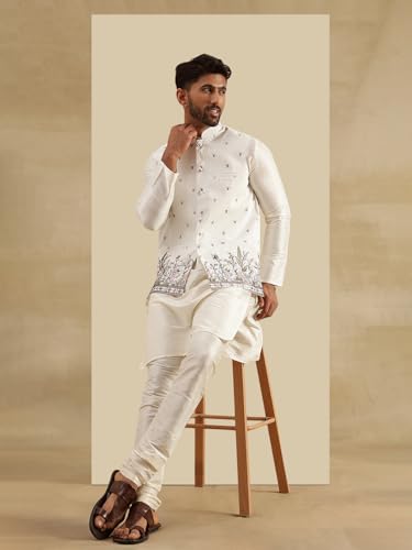 Image of SOJANYA Men's Silk Blend Cream Kurta and Pyjama With Daman Embroidered Nehru Jacket