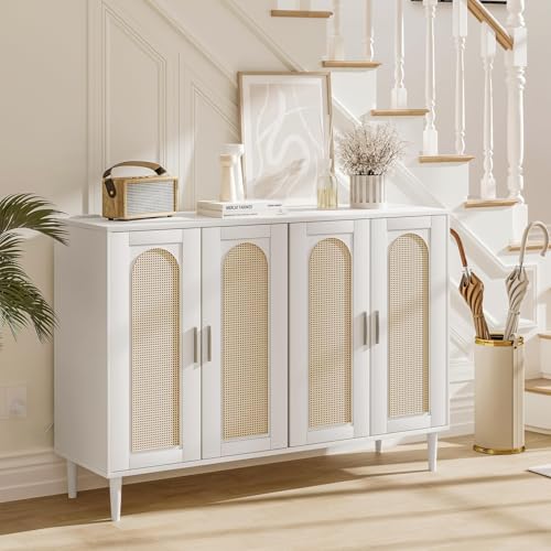 Rattan Buffet Cabinet with Storage,Sideboard Cabinet with 4 Doors and Adjustable Shelves, Console Coffee Bar with Charging Station, Boho Wood Cupboard for Kitchen, Livingroom and Dining Room,Entryway