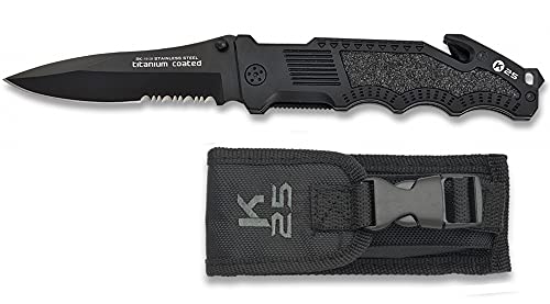 K25 Navaja 19139, con hoja en acero inoxidable 7Cr13MoV de 10,7 cm. y Empuñadura de Aluminio, Cutter corta-cinturón de seguridad Funda: nylon....