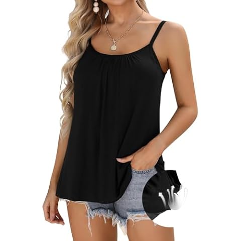 V FOR CITY Black Tank Top with Built in Bra for Women Adjustable Strap Camisole Top Summer Loose Yoga Cami Shirt L Cover