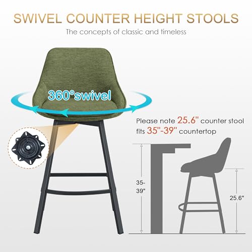 Image of Zesthouse Swivel Bar Stools Set of 4, Modern Counter Height Barstools with Backs, 26'' Upholstered Linen Fabric High Chairs for Island Kitchen, Counter Height Chairs with Metal Legs, Green
