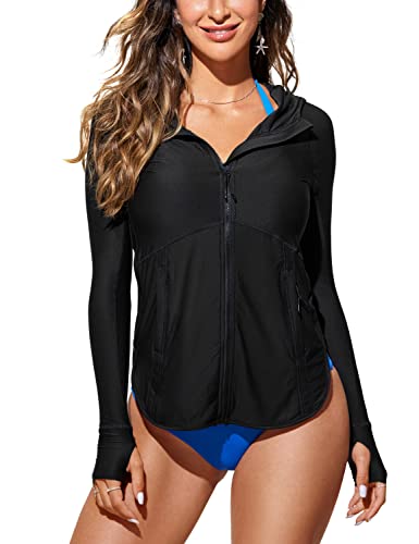CRZ YOGA Womens UPF 50+ Zip Front Hoodie Long Sleeve Rash Guard