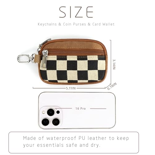 Image of Checkered Dual Pouch Keychain Wallet for Women, Small Mini Zip Leather Coin Purse with Wrist Strap,wristlet hangbags,Brown