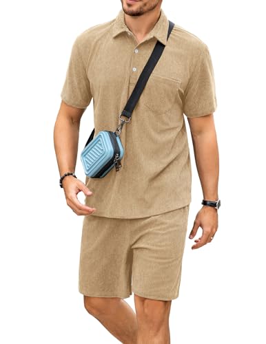Image of ZAFUL Men's 2 Pieces Sets Outfits Summer Beach Set Short Sleeve Button Down Zip Up Shirt And Short Sets