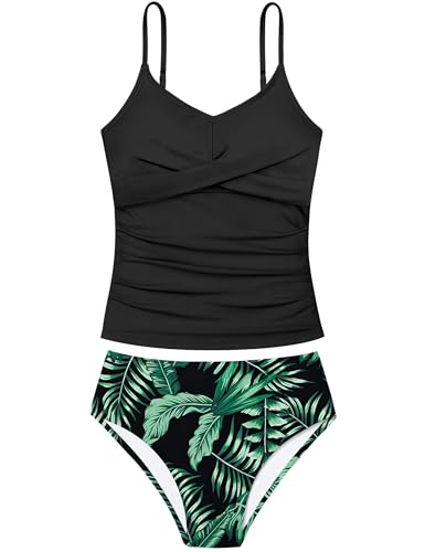 Image of Girls Swimsuit 2 Piece Bathing Suit Criss Cross Ruched Girl Tankini Sets Printed Girls' Swimwear for 9-18 Years