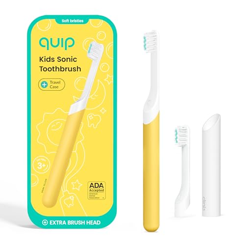 Quip Sonic Toothbrush for Kids with Timer - Includes Extra Brush Head and Travel Cover Mount - Electric Soft Bristle Refill Head Plastic Handle 3 Month Battery Life Yellow