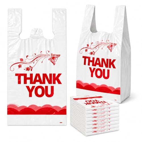 Image of YoYoRain 1000 Count White Thank You T-Shirt Bags, 11 x 6 x 21 in | Durable HDPE with handles, Thank You print, disposable carryout sacks for grocery, retail and takeout