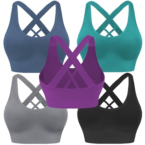 Evercute Sujetador Deportivo para Mujer, Opaco, Negro Gris Pavo Real Verde Marino Azul UVA Púrpura 5 Pack, XL