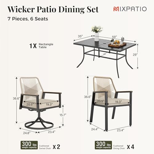 Image of MIXPATIO 7 Pieces Outdoor Patio Dining Set, Rectangular Metal Patio Table with Umbrella Hole, 2 Swivel and 4 Fixed Chairs with 3.2 inch Cushion for Yard, Porch, Beige