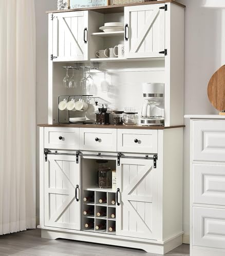 4 EVER WINNER Sliding Barn Door Coffee Bar & Pantry Cabinet, 72” Tall Kitchen Hutch with Wine Rack, White