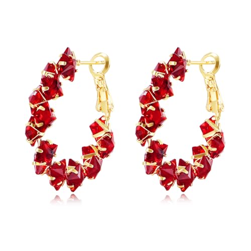 14K Gold Red Crystal Hoop Earrings for Women Trendy Hypoallergenic Chunky Statement Earrings Women's Jewelry Gifts Womens Mom Her
