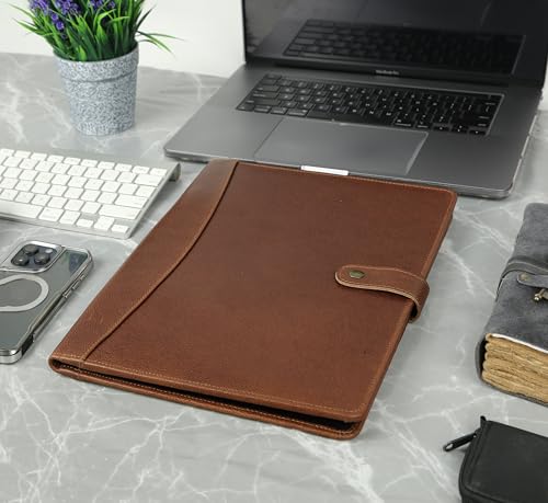 Image of KomalC Leather Portfolio Folder with Button Closure | Business Padfolio for Professionals | Vintage Organizer with Legal Pad Holder, Card Slots & Document Pockets