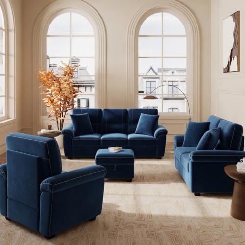 Image of Anderson 6 Seater Fabric Sofa Set (3+2+1) with Storage Ottoman Blue, Premium Velvet Finish Upholstery, Solid Wood Frame, High Density Foam Cushions, Modern Living Room Furniture