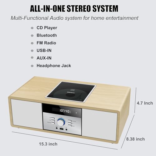 image for WIITHINK Bluetooth Stereo System for Home with CD Player, Vintage Wood