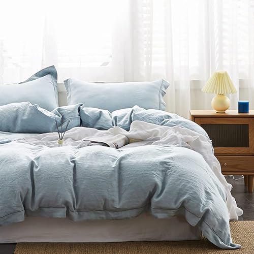 Simple&Opulence 100% Linen Duvet Cover Set with Embroidery Border Washed - 2 Pieces (1 Duvet Cover & 1 Pillow Sham) with Button Closure Soft Breathable Farmhouse - Dusty Blue, Twin Size