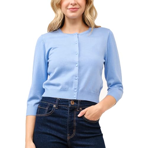Image of Women's Cropped Cardigan 3 /4 Sleeve Crewneck Button Up Sweater Knit Top (S~XL)
