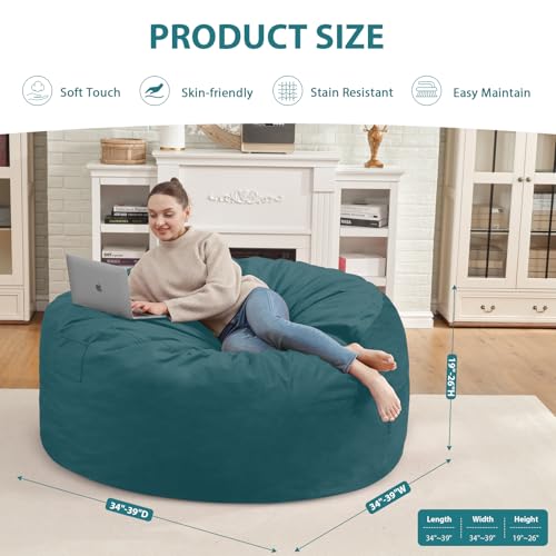 3FT Bean Bag Chair, Comfy Bean Bag Chairs with Memory Foam Filled, Fluffy Beanbag Sofa with Dutch Velvet Cover, Round BeanBag Chairs for Living Room, Playroom - Sea Blue