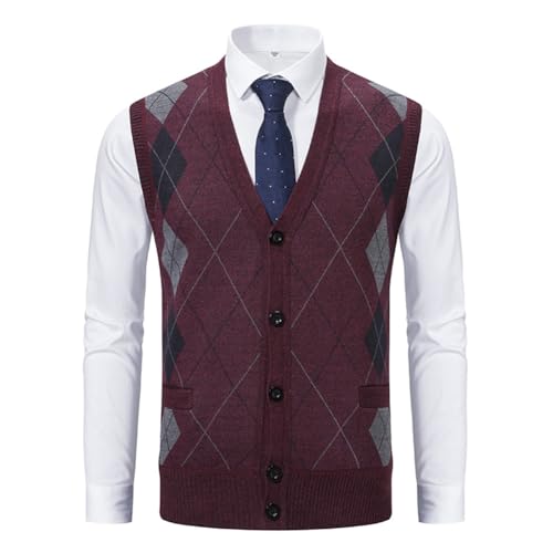 Men Cardigan Sweater Vest Slim Button Down Sweater Vest Autumn Winter V Neck Rhombus Jumper