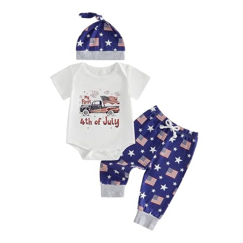 Image of FIOMVA My First 4th of July Outfit Baby Boy Car American Flag Romper Onesie Star Flag Pants Hat Set Fourth of July Clothes