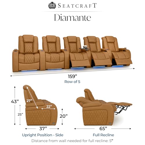 Image of Seatcraft Diamante Tan Oak Italian Leather Home Theater Seating, Zero Gravity Power Recliner Gaming and Home Office Chair, Powered Headrest Lounge Sofa Furniture for Cinema Room, Row of 5