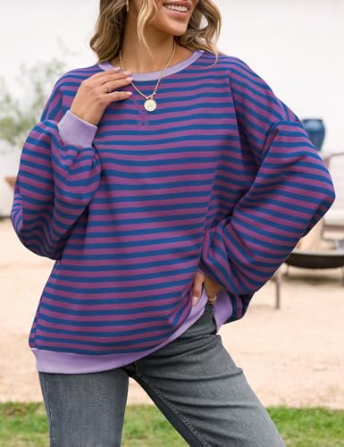 Image of UEU Women Oversized Striped Crewneck Sweatshirt Long Sleeve Color Block Pullover Tops Casual Loose Workout Shirt