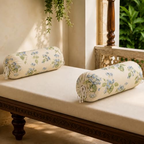 Image of Clasiko Cotton Bolster Covers Set of 2, Champagne Garden, Standard Size
